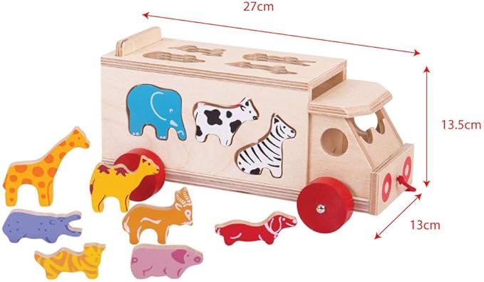 Bigjigs Toys, Animal Lorry Wooden Shape Sorter, Shape Sorters for 2 Year Olds, Pull Along Toy, Baby Wooden Toys