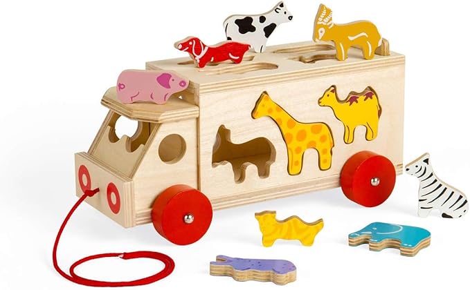 Bigjigs Toys, Animal Lorry Wooden Shape Sorter, Shape Sorters for 2 Year Olds, Pull Along Toy, Baby Wooden Toys