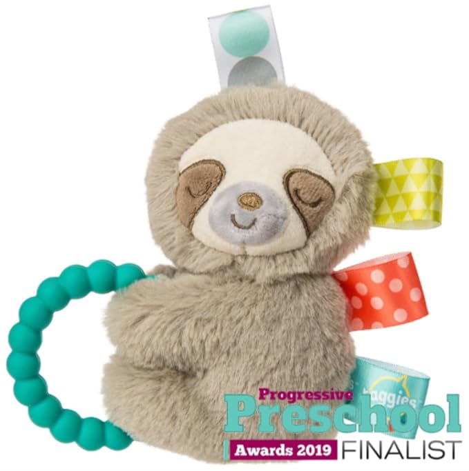 Taggies Sensory Stuffed Animal Soft Rattle with Teether Ring, Molasses Sloth