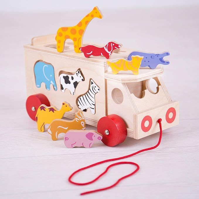 Bigjigs Toys, Animal Lorry Wooden Shape Sorter, Shape Sorters for 2 Year Olds, Pull Along Toy, Baby Wooden Toys