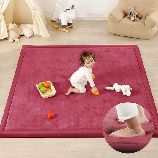 1.3" Thick Baby Play Mat for Floor Playpen, 50x50 Foam Tummy Time Mat, Padded Support Soft Plush Nursery Rug for Infant Kids Toddler Crawling Kick Activity (Burgundy)