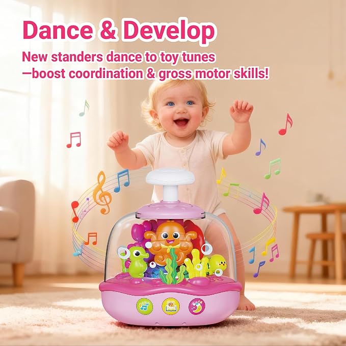 MoraBaby Baby Girl Toys 6-12-18 Months, Press & Spin Ocean Musical Light Up Toy | Bilingual Learning Educational Cause and Effect Toy for 1 Year Old Boy & Girl, Birthday Gifts for 1-3 Year Old