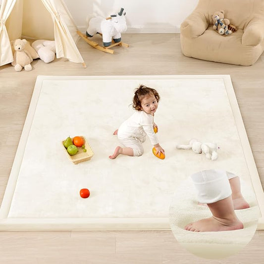 1.3" Thick Baby Floor Play Mat, 59x79 Padded Foam Tummy Time Crawling Mat, Non-Slip Water-Repellent Soft Plush Nursey Area Rug for Playroom Bedroom Living Room (Ivory)