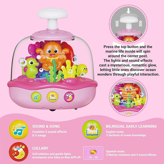 MoraBaby Baby Girl Toys 6-12-18 Months, Press & Spin Ocean Musical Light Up Toy | Bilingual Learning Educational Cause and Effect Toy for 1 Year Old Boy & Girl, Birthday Gifts for 1-3 Year Old