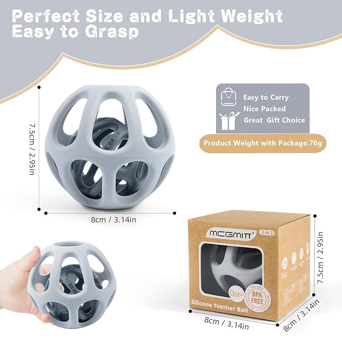 MCGMITT Silicone Baby Teether Ball Toy, Easy Grasp Sensory Balls for Babies 0-6-12 Months, Food Grade Soft Teether Ring for Teething Relief, Baby Teething Toy Gift for Infant Toddlers Boys and Girls