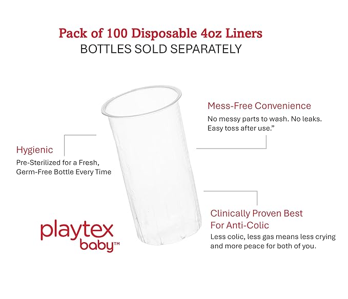Playtex Baby Nurser Pre-Sterilized Disposable Drop-Ins Baby Bottle Liners, 4 Oz (100 Count), Anti-Colic, Gas Reduction, Easy to Clean, Closer to Breastfeeding, Perfect for Travel and On the Go