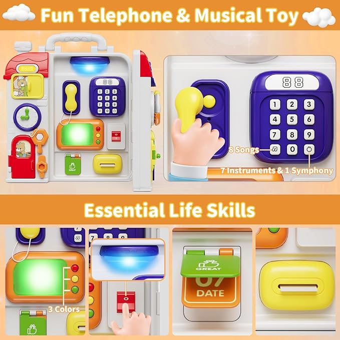 Montessori Busy Board for Toddlers 1-3 2-4，Musical Toy for 12-18 Month Age, Early Educational Learning Birthday for 1 Year Old Boys Girls