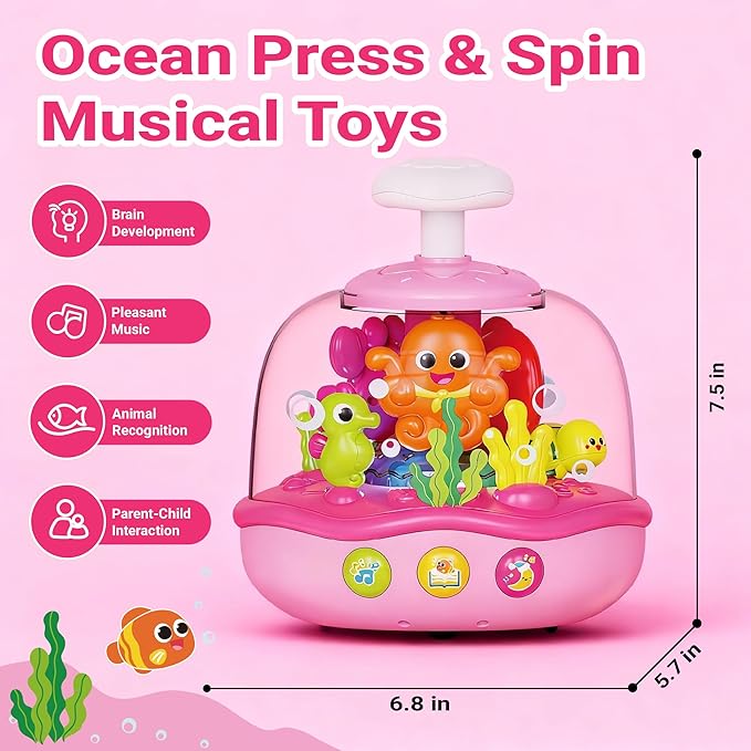 MoraBaby Baby Girl Toys 6-12-18 Months, Press & Spin Ocean Musical Light Up Toy | Bilingual Learning Educational Cause and Effect Toy for 1 Year Old Boy & Girl, Birthday Gifts for 1-3 Year Old