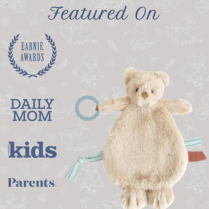 MON AMI Baldwin Bear Security Blanket with Silicone Teether | 12-Inch Plush Lovey for Babies | Soothing Sensory Snuggle Toy | Perfect Newborn Essential for Birthdays & Baby Showers