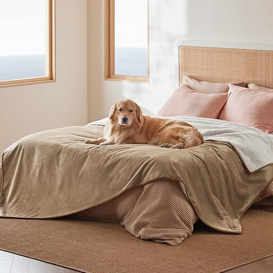 Bedsure Waterproof Blanket for Bed - Sherpa Fleece Waterproof Dog Blankets for Large Dogs, Pet Blankets for Bed/Couch/Dog Crate, Soft Plush Reversible Furniture Protector, Queen Size, 90"x86", Camel